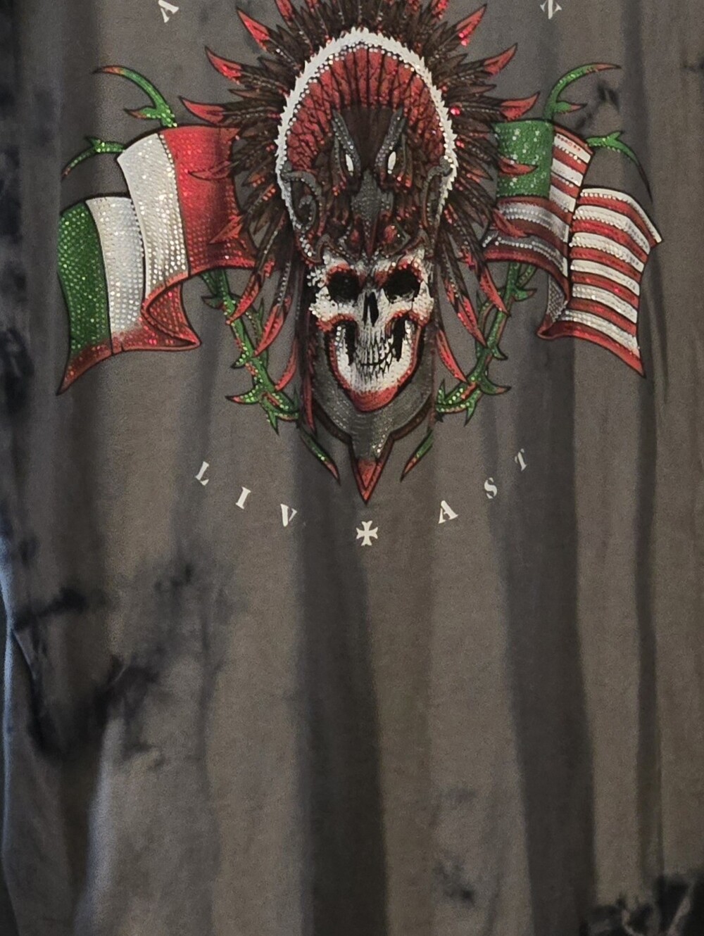 Affliction Black Skull & Flag Graphic Tee with Red and Green Accents